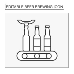  Bottling line icon. Pour beer in glass bottles. Manufacture. Beer brewing concept. Isolated vector illustration. Editable stroke