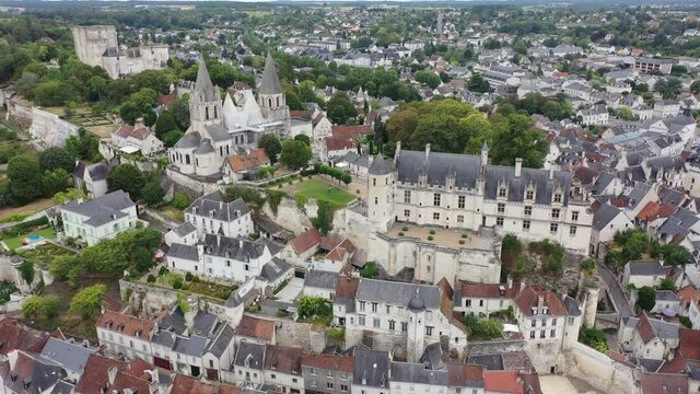 Aerial view of historic center of Loches town overlooking ancient Chateau of Anjou family with collegiate church, royal lodge and donjon, France