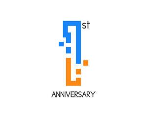 1 year anniversary logo design with digital concept and pixel icon