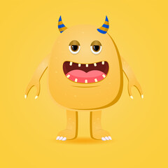 Happy cartoon monster. Halloween vector orange and horned monster. Funny monster expressions