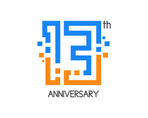13 years anniversary logo design with digital concept and pixel icon