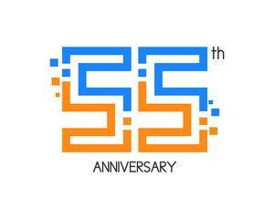 55 years anniversary logo design with digital concept and pixel icon