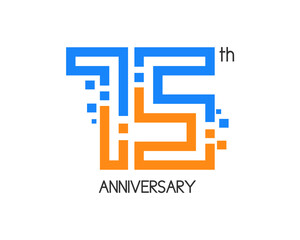 75 years anniversary logo design with digital concept and pixel icon