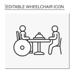  Rehabilitation line icon. Disabled person in wheelchair have dinner at restaurant. Handicapped man. Healthcare concept. Isolated vector illustration. Editable stroke