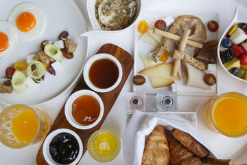 Breakfast in luxutry hotel with orange juice and various delicious choices of food.