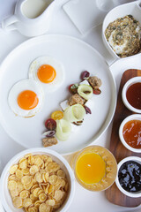 Breakfast in luxutry hotel with orange juice and various delicious choices of food.