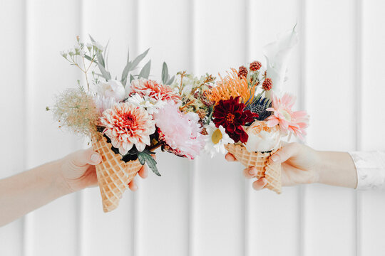 Flower bouquet in waffle cone, wedding photography