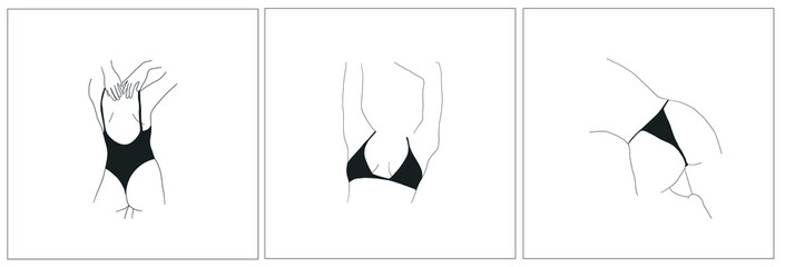 Set of linear hand drawing of woman in black underwear or swimsuit. Sensual female silhouette of body in graphic minimalistic black and white style. 
