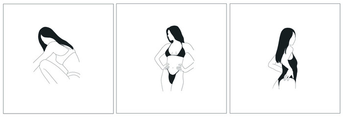 Set of linear hand drawing of woman in black underwear or swimsuit. Sensual female silhouette of body in graphic minimalistic black and white style. 