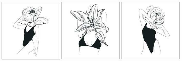 Naklejka premium Set with woman body with flower. Hand drawing woman in underwear. Floral elements. Beautiful style. Abstract linear spiritual artwork. Design for poster. 