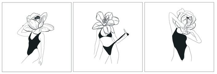 Set with woman body with flower. Hand drawing woman in underwear. Floral elements. Beautiful style. Abstract linear spiritual artwork. Design for poster. 