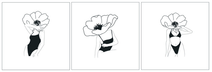 Set with woman body with flower. Hand drawing woman in underwear. Floral elements. Beautiful style. Abstract linear spiritual artwork. Design for poster. 