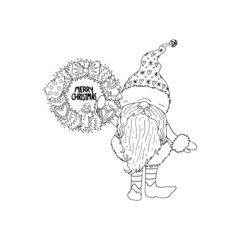 Cute line art cartoon gnome. Christmas character isolated on white background.