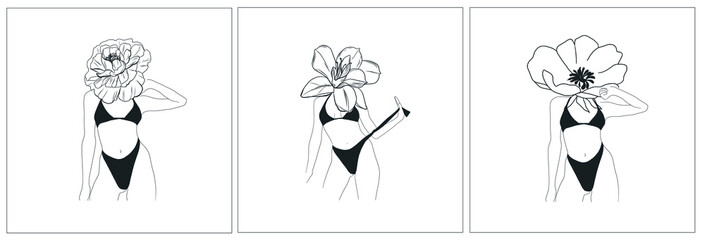 Set with woman body with flower. Hand drawing woman in underwear. Floral elements. Beautiful style. Abstract linear spiritual artwork. Design for poster. 