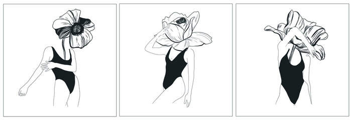 Fototapeta na wymiar Set with woman body with flower. Hand drawing woman in underwear. Floral elements. Beautiful style. Abstract linear spiritual artwork. Design for poster. 