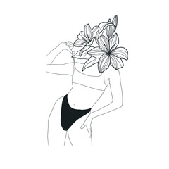 Abstract Minimalistic Linear Woman Figure With Flowers. Fashion Sensual Vector Illustration Of Female Body In Trendy One Line Style. Design for t-shirts print, poster, tattoo, logo. 