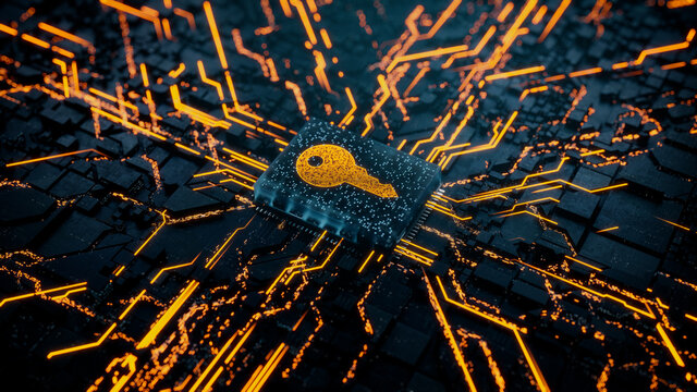 Security Technology Concept with key symbol on a Microchip. Data flows from the CPU across a Futuristic Motherboard. 3D render.