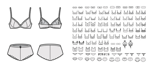Bra lingerie technical fashion illustration with full adjustable shoulder straps, molded cups, hook-and-eye closure. Flat brassiere front, back white color style. Women men unisex underwear CAD mockup - obrazy, fototapety, plakaty