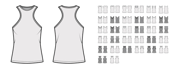 Set of tanks tops, shirts technical fashion illustration with fitted racerback, oversized body, scoop V-neck, sleeveless. Flat apparel template front back grey color style. Women men unisex CAD mockup