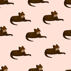 Seamless texture with brown cat for textile, fabric. Vector illustration of the pattern.
