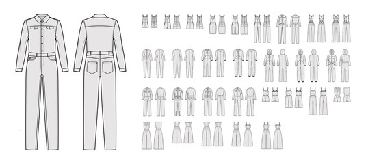 Set of jumpsuits overall technical fashion illustration with mini midi knee ankle length, long sleeves, straps, strapless, hoody. Flat front, back, grey color style. Women, men, unisex CAD mockup