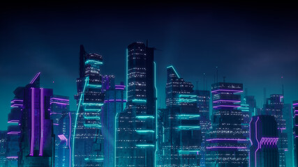 Sci-fi Metropolis with Purple and Cyan Neon lights. Night scene with Advanced Architecture.
