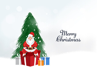 Merry Christmas Concept With Fir Tree Behind Cute Santa Claus Sitting On Gift Box And White Bokeh Background.