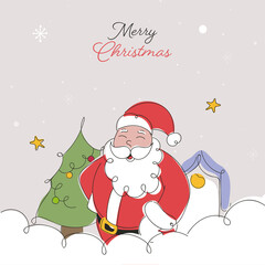 Merry Christmas Concept With Doodle Style Cute Santa Claus, Home And Xmas Tree On Beige Background.
