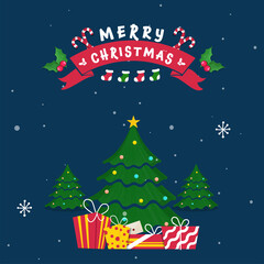 Fototapeta na wymiar Merry Christmas Poster Design With Decorative Xmas Trees, Gift Boxes, Candy Canes On Blue Snowfall Background.