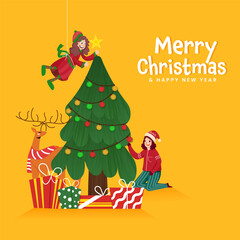 Merry Christmas And New Year Poster Design With Cheerful Girls Decorated Xmas Tree, Reindeer And Gift Boxes On Yellow Background.