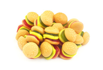 Many gummy hamburgers candies isolated on white background