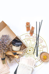Wellness, mental health. Gift for meditation at home with palo santo care aromatherapy, wellness, meditation, spa, relaxation, occult, spiritual cleansing