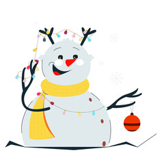 A cheerful snowman with a garland and a Christmas tree toy. Vector graphics