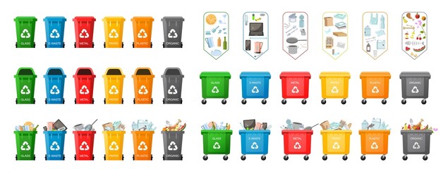 Garbage bins. Big Set of plastic containers for garbage of different types. Waste management concept. Types of Waste: Organic, Plastic, Metal, Paper, Glass, E-waste. Separation of waste on cans Vector
