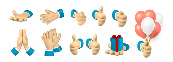 Cartoon character hand shows finger gestures. 3d render hand businessman in suit. Vector illustration