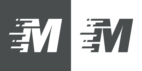 Símbolo rapidez. Logotipo con letra inicial M con líneas de velocidad en fondo gris y fondo blanco
