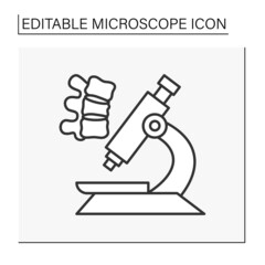  Researching line icon. Analyzing skeleton by microscope. Examination vertebrae. Science concept. Isolated vector illustration. Editable stroke
