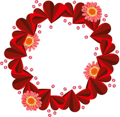 Cute round empty frame with red hearts and flowers
