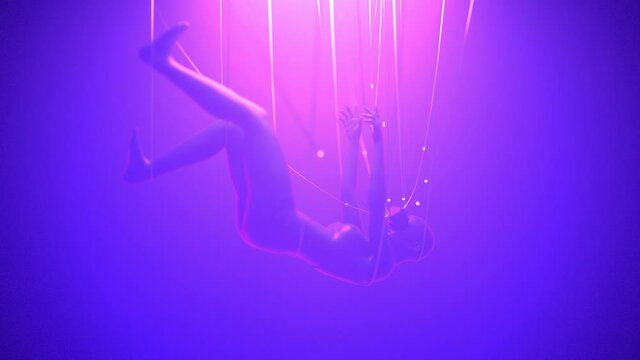 Woman in VR glasses hang on cables in neon space data flow into her. Metaverse avatar concept. Ultraviolet cyberpunk illustration. Loopable 3d render