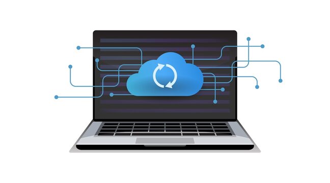 Laptop sync uploads files cloud server, storage. Exchange of information. Computing technology. Hosting, network management, data synchronization, database, remote access. vector illustration element.