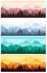 Forest and mountains silhouette set. Spring, summer, autumn and winter landscape. Orange, violet, blue, green illustration. Horizontal banner. 