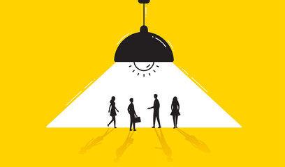 Secret business team meeting. People silhouettes under ceiling lamp light. Private conversation or talk. Business secret negotiations under the light of lamp. Confidential private talk. Minimal vector