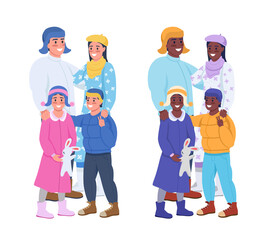 Family in cold weather semi flat color vector characters set. Posing figures. Full body people on white. Winter season isolated modern cartoon style illustration for graphic design and animation pack