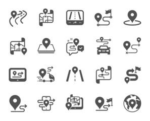 Road map icons. Journey path, Route map and Trip distance. GPS street pin, Car route and Distance flag icons. Road trip, highway traffic and journey travel map. Navigation target pointer. Vector