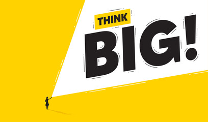 Think big motivational abstract poster. Businesswoman shines a flashlight. Vision, ideas, motivation. Creative concept of Think big opportunity. Idea in light vision. Minimal black silhouette. Vector