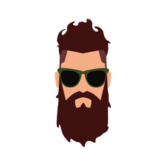 Hipster icon. The head of a brutal man with red hair and beard wearing sunglasses in a green frame. Vector illustration isolated on a white background for design and web.