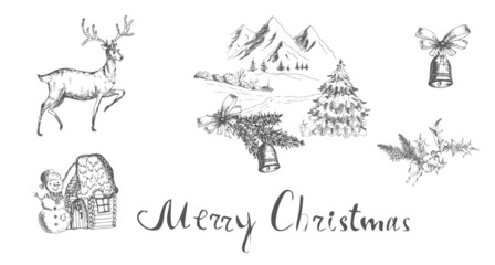 Christmas, New Year landscape with mountain. Vector illustration, sketch, drawing.