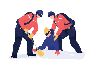 Rescuers digging for buried victim semi flat color vector characters. Full body people on white. First responders isolated modern cartoon style illustration for graphic design and animation