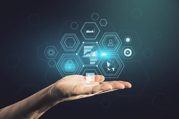 Close up of businessman hand holding creative business chart hologram on blurry background. Innovation, finance, trade, future, ai and technology concept.