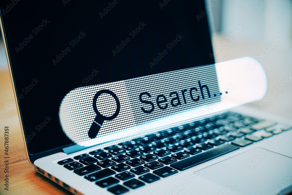 Poster close up of laptop with creative search bar on dark background. seo and internet concept. double exp